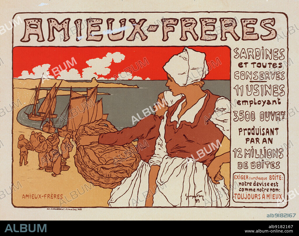 GEORGES FAY. Affiche pour les "Sardines Amieux"., c1899. [Publisher: Imprimerie Chaix; Place: Paris].