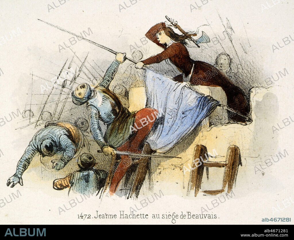 '1472 : Jeanne HACHETTE au siege de Beauvais'. Gravure de Victor ADAM (1801-1867) tiree de l'ouvrage Histoire de France en Tableaux publie en 1844. Credit : Collection Grob/KHARBINE-TAPABOR.