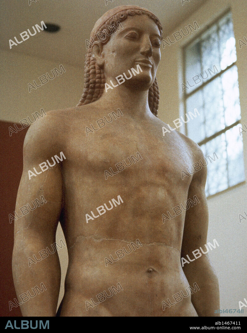 Greek art. Archaic Age. The Kroisos kouros. Marble of Paros. Located in Anavyssos (Attica). Dated ca. 520 b.C. National Archaeological Museum. Athens. Greece.