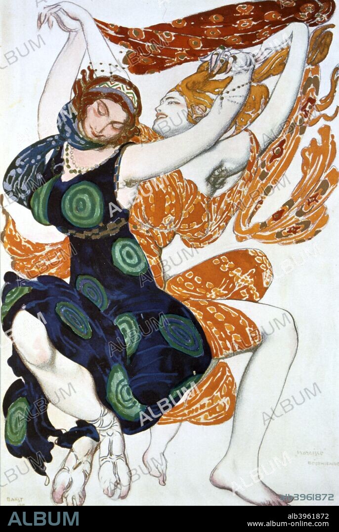 'Two Bacchantes', costume design for a Ballets Russes production of Tcherepnin's Narcisse, 1911. Published in L'Art Decoratif de Leon Bakst. (Paris, 1913). From a private collection.