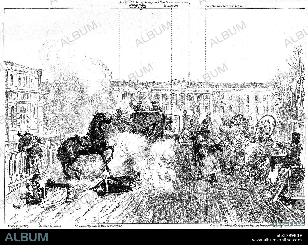The assassination of Tsar Alexander II: the place outside the Winter Palace in St. Petersburg is strewn with corpses and debris of the bomb-explosion, while Alexander emerges alive from his coach, only to be killed by another bomb shortly afterward. Labeled lithograph. Alexander II (1818 - 1881) was the Emperor of Russia from 2 March 1855 until his assassination on 13 March 1881. He was also the King of Poland and the Grand Duke of Finland.