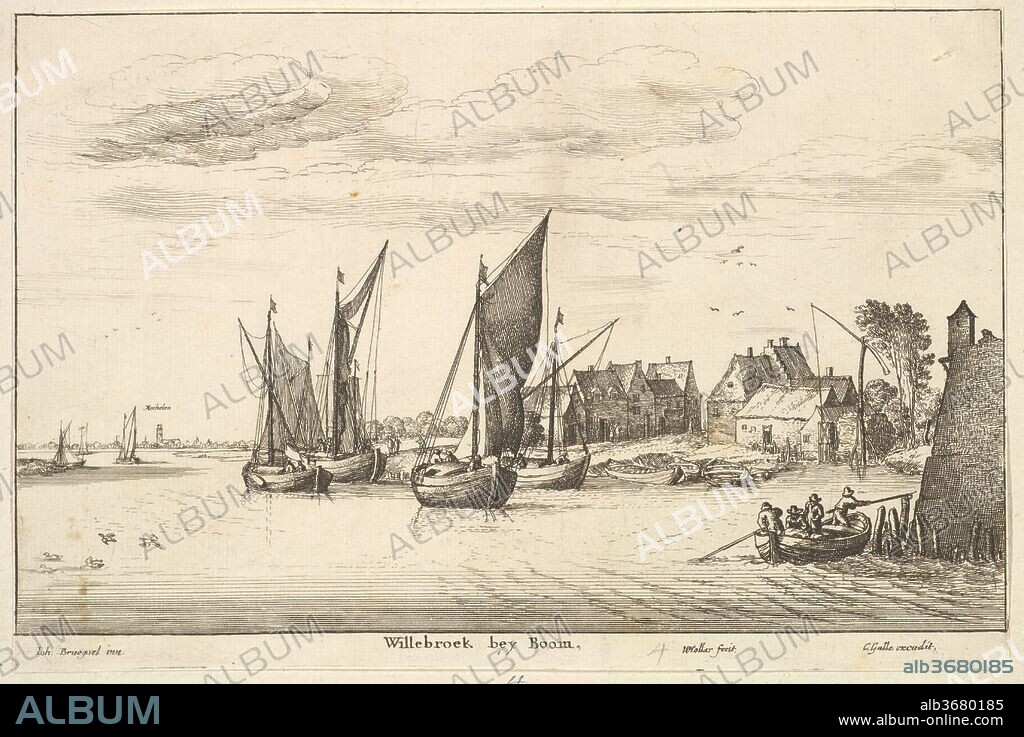 Willebroeck bey Boom. Artist: After Jan Brueghel the Elder (Netherlandish, Brussels 1568-1625 Antwerp). Dimensions: Sheet: 5 11/16 × 8 9/16 in. (14.5 × 21.8 cm). Etcher: After Wenceslaus Hollar (Bohemian, Prague 1607-1677 London). Date: 1651.
View of a small harbour on a river, with moored barges, and houses on the bank behind; four figures travelling in a rowing boat around the corner of ramparts in foreground at right.