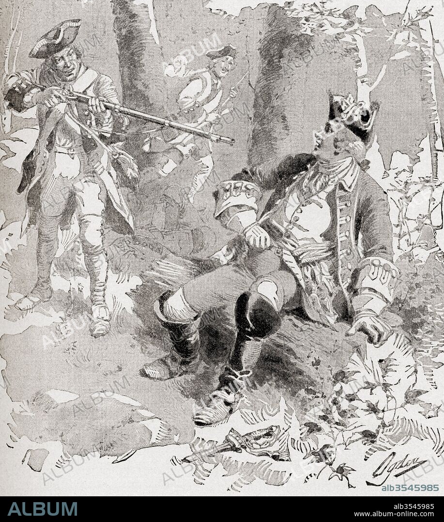 The shooting of Dieskau at the Battle of Lake George, 8 September 1755, during the French and Indian war. Jean Erdman, Baron Dieskau or Jean-Armand Dieskau, Baron de Dieskau or Ludwig August von Dieskau,1701 - 1767. German-born soldier and French general and commander in America for a part of the French and Indian War. From The History of Our Country, published 1900.