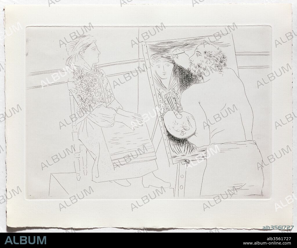 Pablo Picasso / "Pintor calvo ante su caballete", 1931, Grabado (aguafuerte para ilustrar el libro ‘La obra maestra desconocida’, de Honoré de Balzac), 32,9 x 25,8 cm.