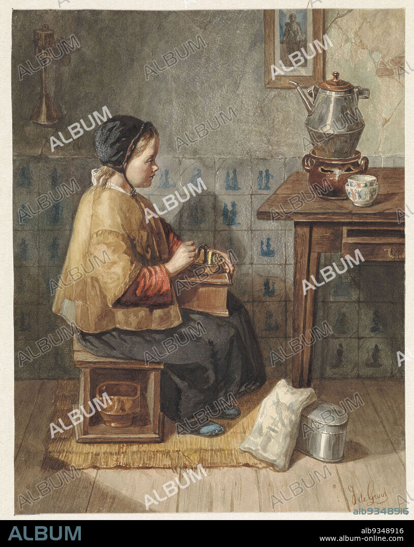 Girl sitting on a stove, Girl sitting on a stove, on the lap a coffee grinder., draughtsman: Joseph de Groot, 1838 - 1899, paper, watercolor (paint), brush, height 229 mm × width 178 mm.