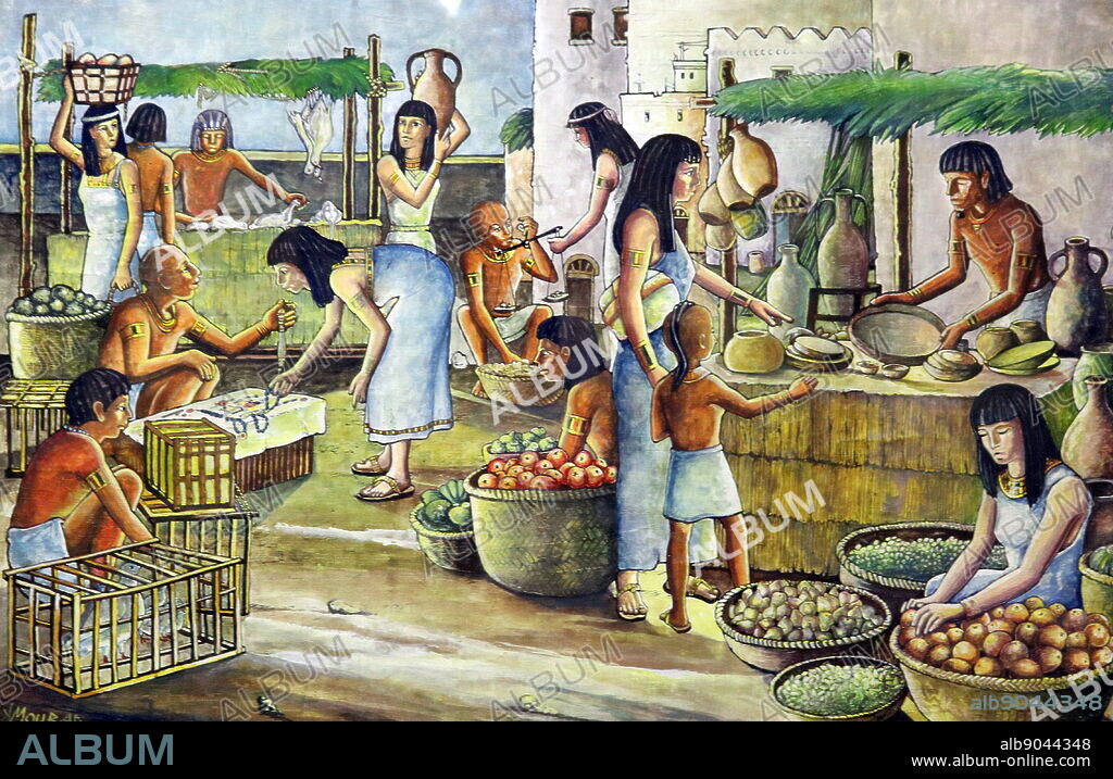 Modern papyrus depicting ancient Egyptian market scene with meat fruit and vegetables on sale.