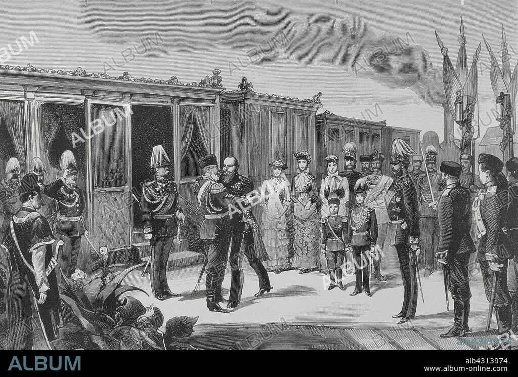 League of the Three Emperors. Alliance formed from 1873 to 1887 by the emperors of the German, Austro-Hungarian and Russian empires. They created a common front to oppose liberal forms of government in Western Europe. Three Emperors' Meeting in Skierniewicz (Poland) (15-17 September, 1884). Arrival of Emperor Wilhelm I of Germany in Skierniewice. Engraving. The Spanish and American Illustration (La Ilustración Española y Americana), October 8, 1884.