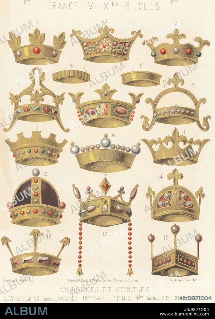 French crowns and diadems, 6th to 11th century. Crown of Pabo Post Prydain (Britons) 1, Fredegund 2, prince 3, princess 4, queen 5, Charles the Bald 6, Lothair 7, prince 8, Carloman I 9, king 10, Charlemagne 11, prince 12, queen 13, king 14, Charles the Bald 15, and a king 16. Couronnes et Cercles. France, VI - XIe siecles. Chromolithograph by Ferdinand Sere from Charles Louandres Les Arts Somptuaires, The Sumptuary Arts, Hangard-Mauge, Paris, 1858.