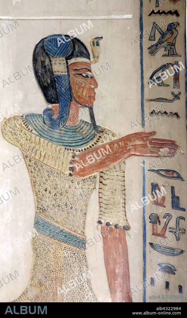 Relief depicting Amun-her-khepeshef, first son of Rameses II, detail of a wall painting from the Tomb of Amun-her-khepeshef (QV55). New Kingdom, 20th Dynasty, Valley of the Queens, West Thebes. Amun-her-khepeshef (Amonhirkhopshef, Amun-her-wenemef, Amun-her-khepeshef), the firstborn son of Pharaoh Ramesses II and Queen Nefertari. Amun-her-khepeshef was the crown prince of Egypt for the first 25 years of Ramesses II's reign but eventually predeceased his father in 1263 BC. Amun-her-khepeshef, as heir to the throne, held several titles. he and his younger half-brother Khaemwaset fought in the Battle of Kadesh and the campaigns in Nubia. He is known to have had a wife named Nefertari.