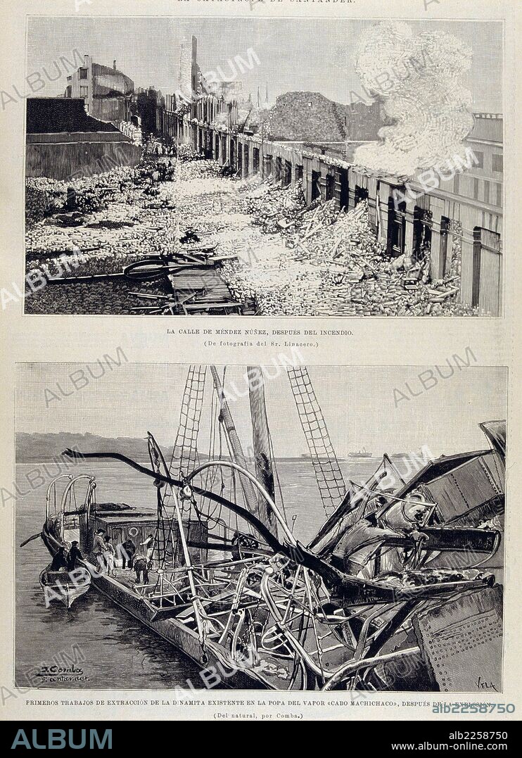 SANTANDER. EXPLOSION DEL BUQUE " CABO MACHICHACO " EN 1892. CALLE MENDEZ NUÑEZ Y EXTRACCION DE LA DINAMITA DEL BARCO. GRABADO. ILUSTRACION ESPAÑOLA Y AMERICANA.