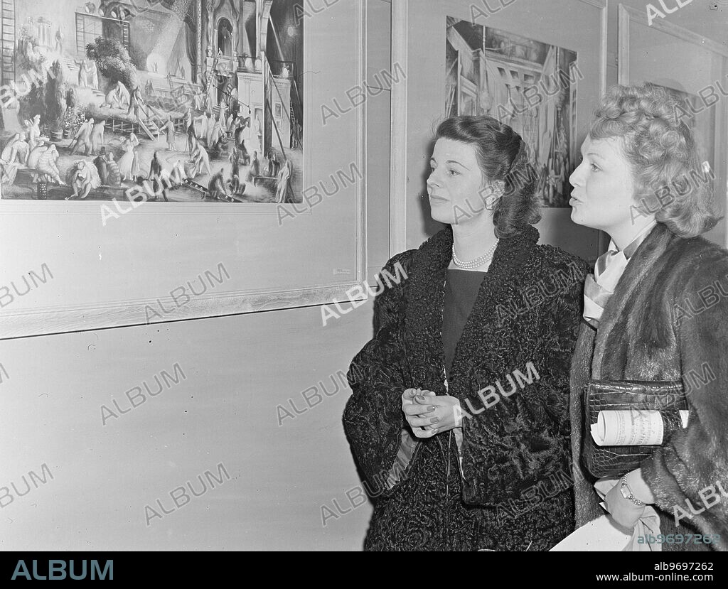ART OUT OF THE STUDIO. MISS colleen browning ( LEFT) , 26-year-old artist daughter of Major -General Langley Browning , escorts film actress JEAN KENT on an inspection of her first exhibition which opened today at the Little Gallery , Piccadilly , London . Entitled ' Scenes Behind the Film ' , the expedition is composed of gouache paintings , many of them interiors of a film studio. Miss Browning is to be married next month in New York to Mr . Geoffrey Wagner , Oxford Scholar , Poet and Writer , who is Professor of English Literature at Rochester University . They became engaged the day after they met in Italy last year . 2 May 1949.