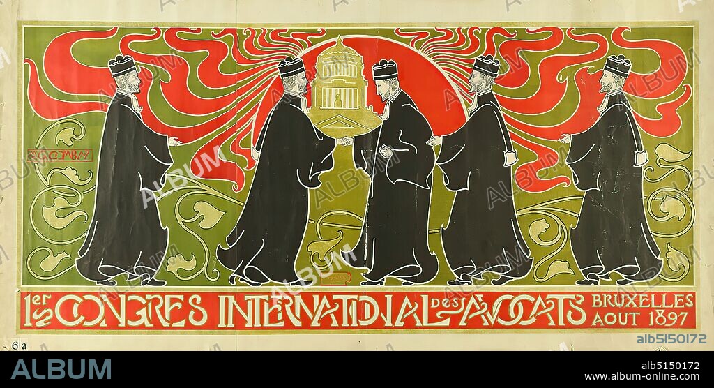 Gisbert Combaz, J. L. Goffart Bruxelles, 1er Congres International des Avocats Bruxelles Aout 1897, paper, lithography, work: height: 77,5 cm; width: 156 cm, signed: recto u. li. in print: Me. G. COMBAZ, event posters, law, law (faculty), jacket, coat, cape, cape, art nouveau.