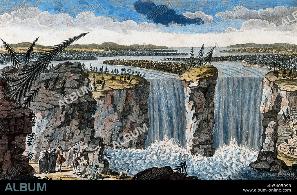 Colored engraving of Niagara Falls seen from a distance, c. 1750s, after Hennepin's version of 1698. Father Louis Hennepin (1626-1704) was a Roman Catholic priest and missionary of the Franciscan Recollet order and an explorer of the interior of North America. Two great waterfalls were brought to the world's attention by Hennepin: Niagara Falls, with the most voluminous flow of any in North America, and the Saint Anthony Falls in what is now Minneapolis, the only waterfall on the Mississippi River. In 1683, he published a book about Niagara Falls called A New Discovery.