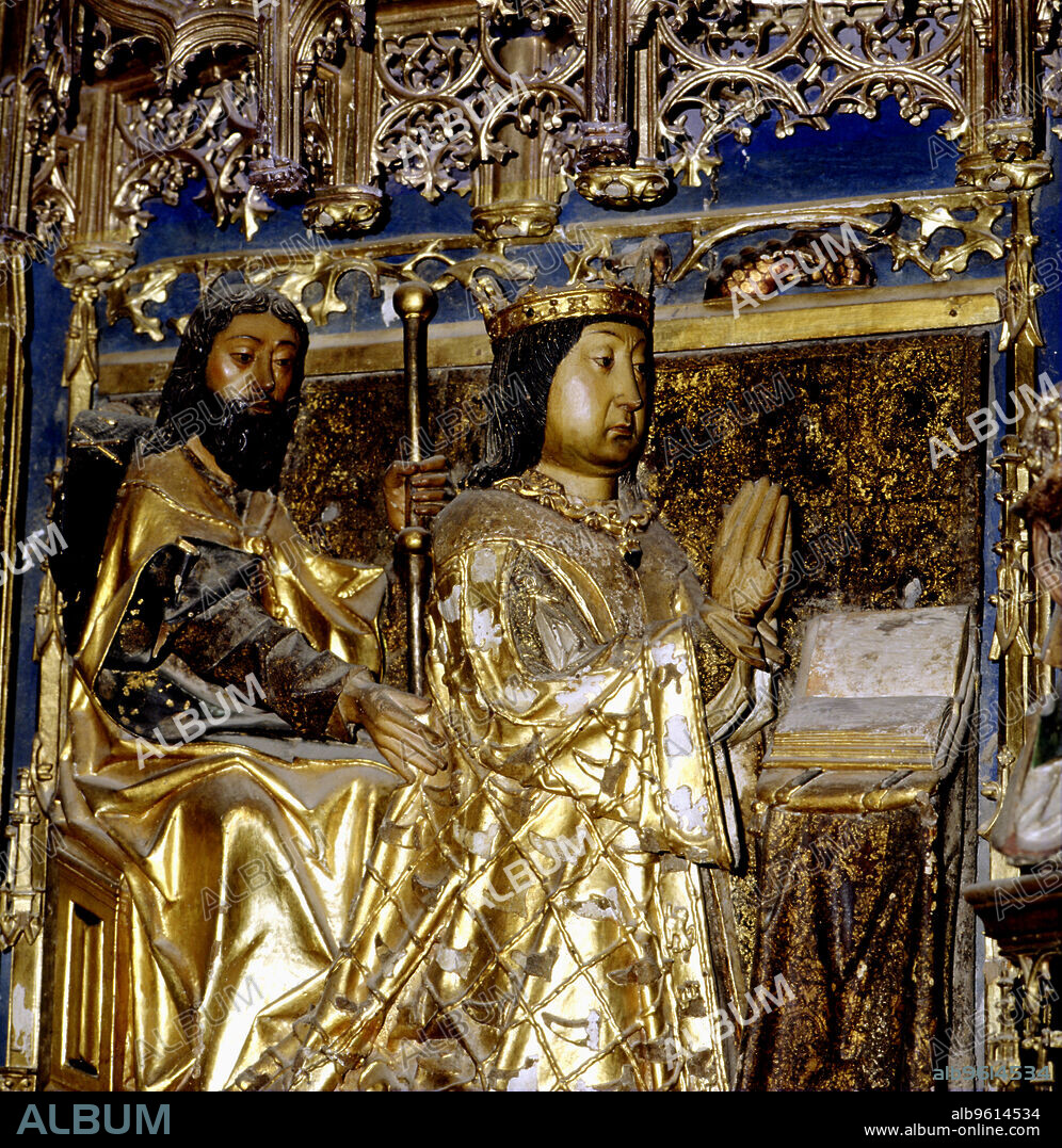 The King Juan II (1404-1454) King of Castile is assisted by Santiago Apostol, detail of the main altarpiece of the church of the Cartuja de Miraflores.