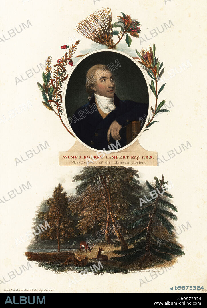 Aylmer Bourke Lambert, FRS, botanist and vice-president of the Linnean Society, 1761-1842. Landscape scene ornamented by Ramsay Richard Reinagle, engraved by John George Landseer. Handcoloured copperplate stipple engraving by William Holl after a portrait by John Russell, RA, from Dr. Robert John Thorntons New Illustration of the Sexual System of Carolus von Linnaeus, the Temple of Flora, London, 1805.