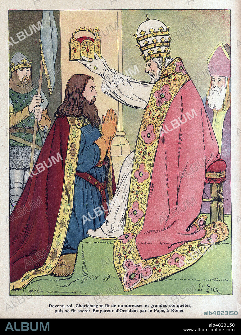Devenu roi CHARLEMAGNE (742-814) fit de nombreuse conquetes puis se fit sacrer Empereur d'Occiedent par le Papea Rome. Illustration vers 1920 de Edouard ZIER (1866-1924) pour Charlemagne et Roland pour Les Gloires nationales. Credit : Collection Grob/Kharbine-Tapabor.