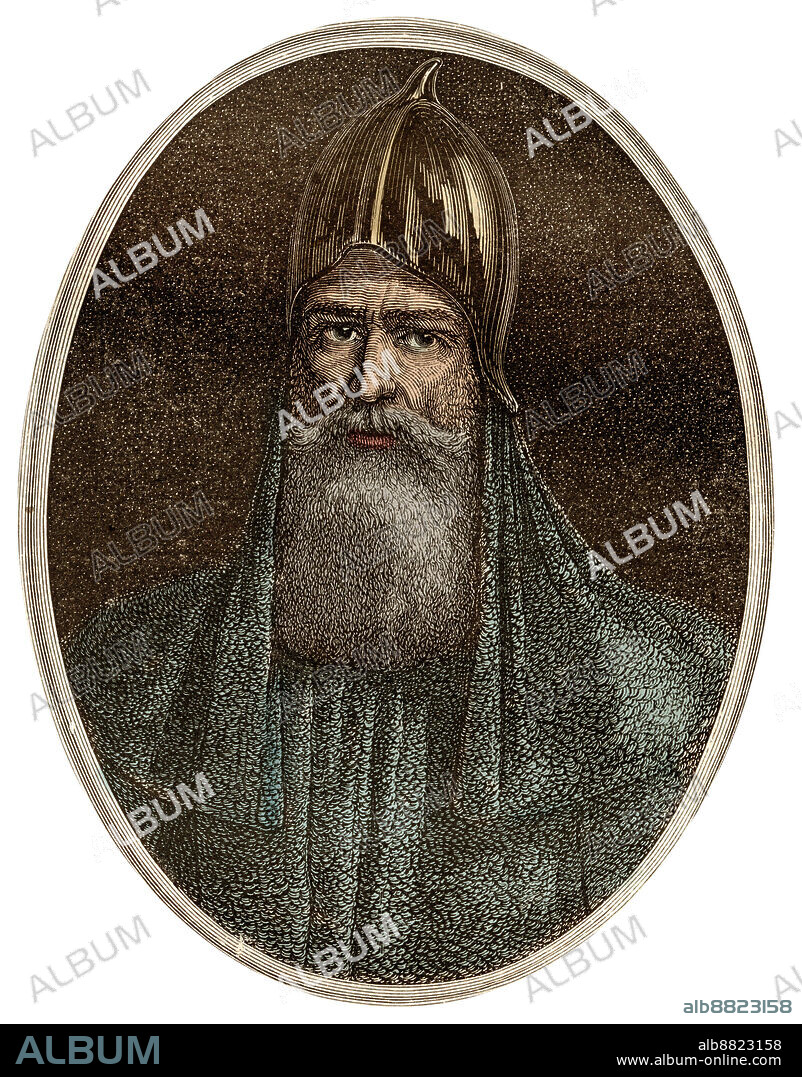 FRENCH SCHOOL (19TH CENTURY). Riourik (Riurik, Rurik Rouri) varegue prince of the 9th century - Portrait of Rurik, a Varangian chieftain and founder of Kievan Rus (ca. 830-ca. 879) - New National Encyclopedia by Maurice La Charest - 1870 -.