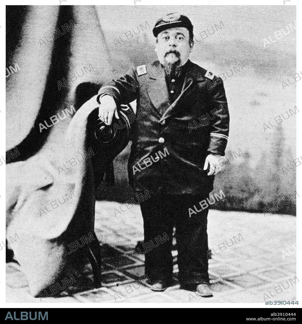 General Tom Thumb, 19th century (1955). General Tom Thumb was the stage name of Charles Sherwood Stratton (1838-1883), an American celebrity who stopped growing normally when a child. By 1856 he measured 2 foot 6 inches tall. He toured widely with the American showman and circus pioneer PT Barnum. From the picture album of Mrs Tom Thumb. A print from Mathew Brady Historian with a Camera by James D Horan, Bonanza Books, New York, 1955.