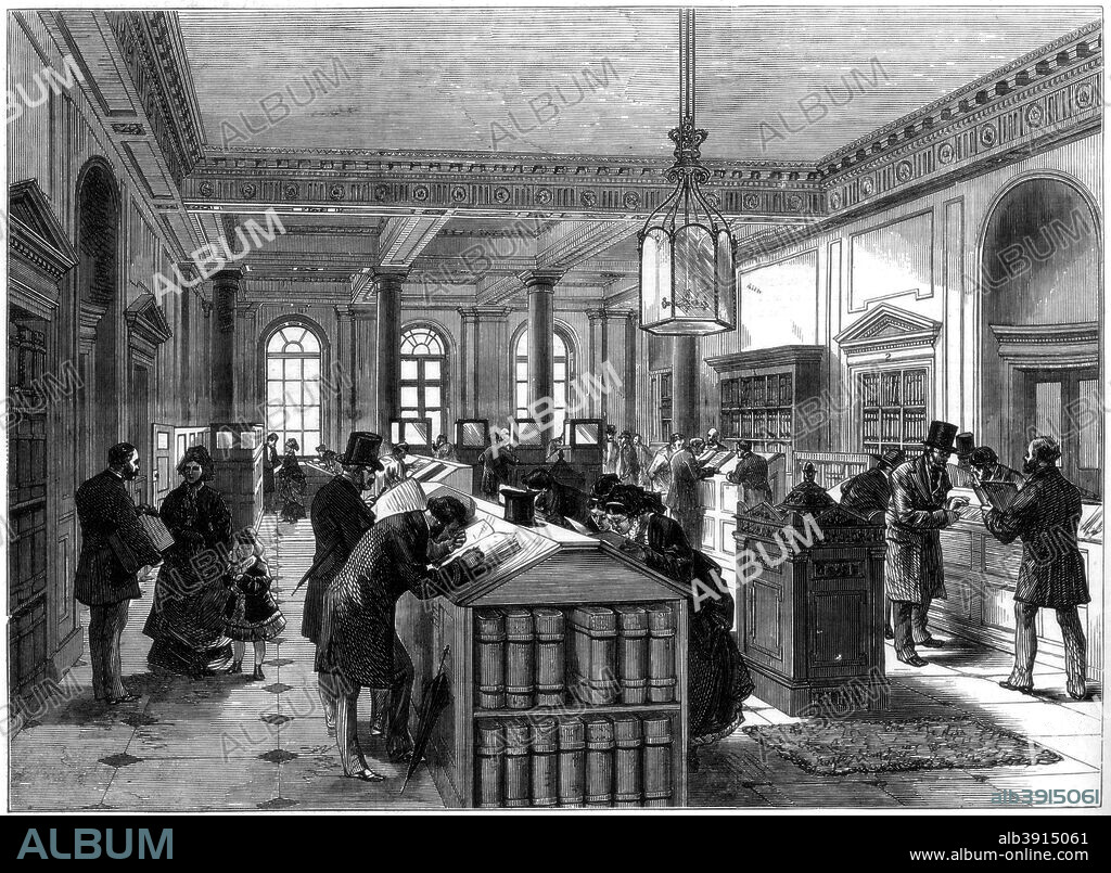 The new registry of wills office, Somerset House, London, 1875. From 1837 the Registrar General of Births, Marriages and Deaths was in the North Wing of Somerset House. This office held all Birth, Marriage and Death certificates in England and Wales. A print from The Illustrated London News, (30 January 1875).