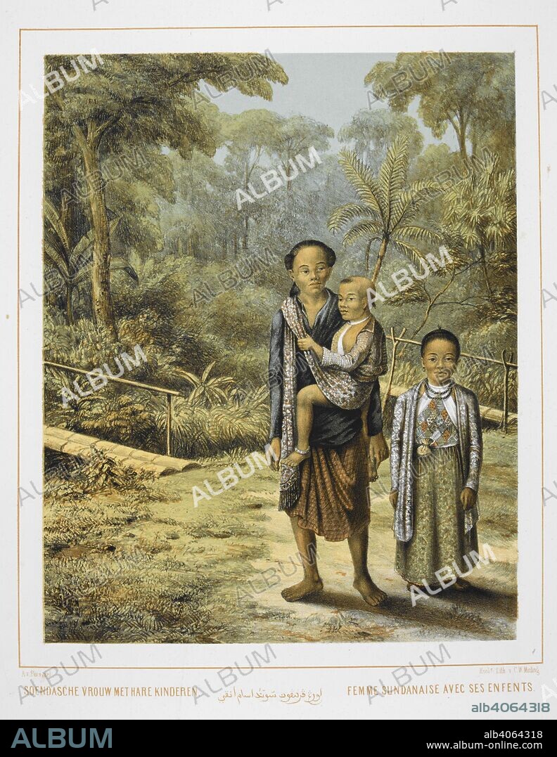 A. VAN PERS. A Sundanese woman with her two children. Natives of Java, Indonesia. Nederlandsch Oost-Indischen Typen. Types Indiens Neerlandais. ... S' Gravenhage, 1854-56. Colour illustration. Source: 1781.c.23, plate 27. Language: Dutch.