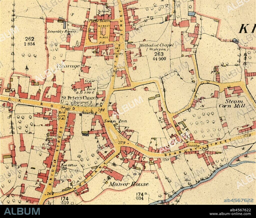 'The Village of Kineton, Warwickshire', 1885-1887, (1944). Map showing the market place, St Peter's Church, Wesleyan chapel, the Steam Corn Mill, the Manor House and the River Dene. From "British Maps and Map-Makers", by Edward Lynam. [Collins, London, 1944].