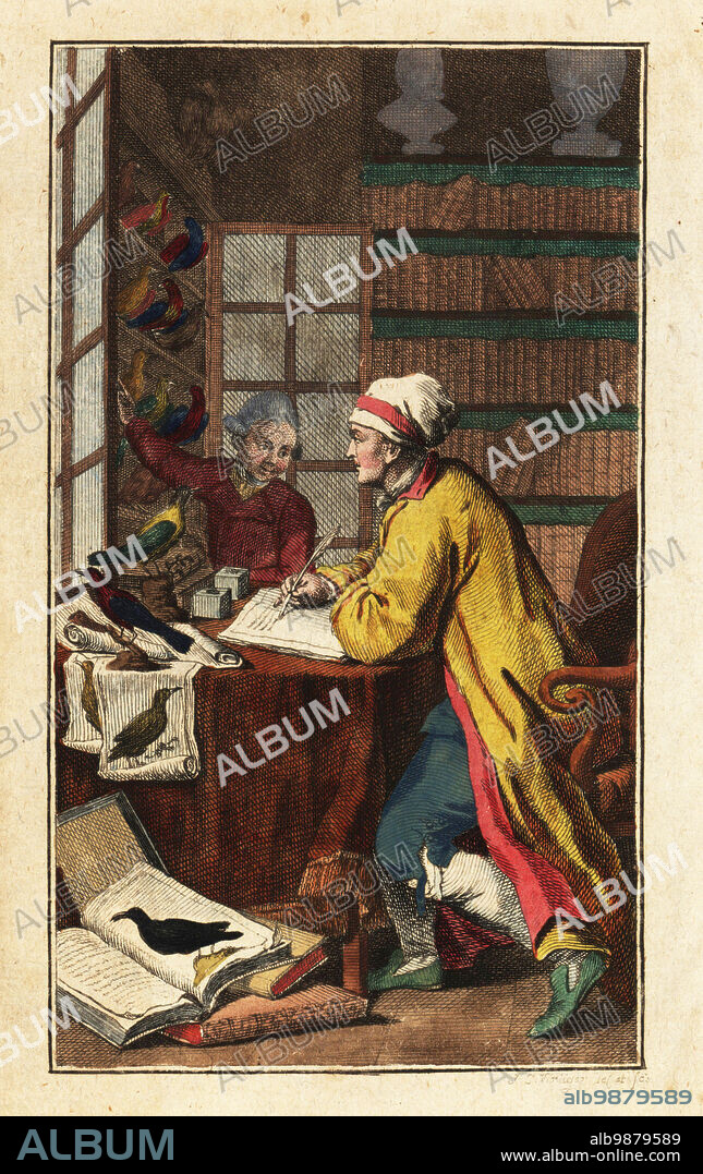 German ornithologist in his study, 18th century. Writing in a book with a quill pen while looking at a stuffed specimen. Taxidermy mounts of birds in a cabinet of curiosities, and library of leather-bound books. Handcoloured copperplate engraving drawn and engraved by J.C. Virliger from Bernhard Christian Otto's Herrn von Buffons Naturgeschichte der Vogel, Buffon's Natural History of Birds, Ben Joachim Pauli, Berlin, 1781.