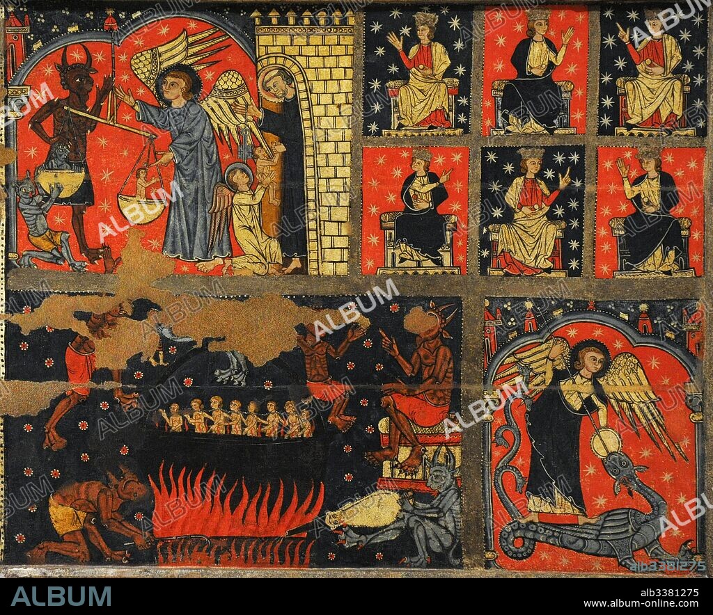 Maestro de Soriguerola (activo a finales del siglo XIII-principios del siglo XIV). Panel de San Miguel. Detalle con la representacion, de izquierda a derecha y de arriba a abajo: San Miguel con el diablo pesando almas; Un ángel entregando el alma de un elegido a San Pedro; los bienaventurados; Las almas de los condenados en el infierno y San Miguel luchando con el dragón. Finales del siglo XIII. Procede de la Iglesia Parroquial de Sant Miquel de Soriguerola (Fontanals de Cerdanya). Museo Nacional de Arte de Cataluña. Barcelona. Cataluña. España. Master of Soriguerola (active late 13th century-early 14th century). Panel of Saint Michael. Detail depicting left to right and top to bottom: Saint Michael with the devil weighing souls; an angel delivering the soul of a chosen one to Saint Peter; the blessed; the damned souls in hell and Saint Michael struggling with the dragon. End of 13th century. From the Parish Church of Sant Miquel de Soriguerola (Fontanals de Cerdanya, Catalonia). National Art Museum of Catalonia. Barcelona. Catalonia. Spain.