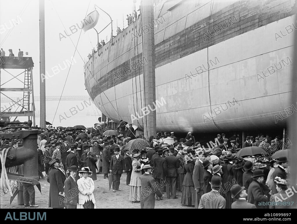 BAIN NEWS SERVICE. Florida U.S.N., 1910. Shows the launch of the USS Florida battleship on May 12, 1910 at the Brooklyn Navy Yard.
