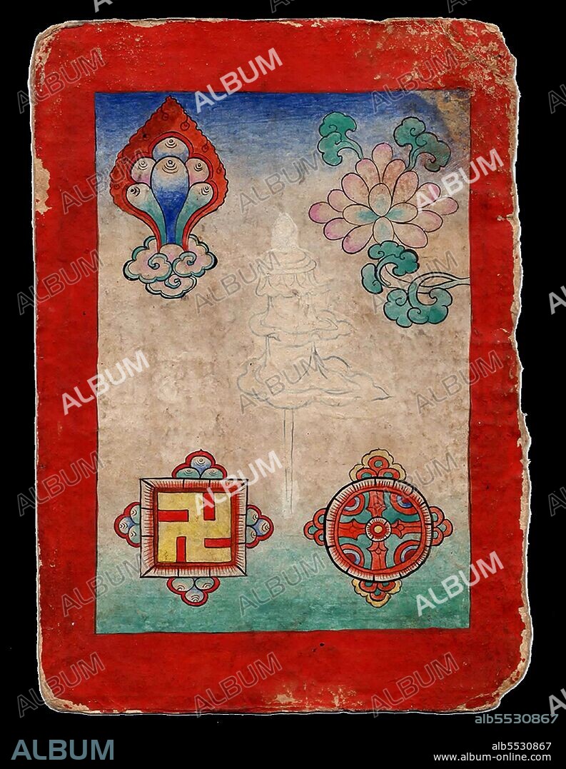 Displaying various auspicious symbols and including a Svastika or Swastika which means 'auspicious' in the Sanskrit language. It is called <i>yungdrung</i> in the ancient Zhangzhung language of Western Tibet and means 'everlasting'. The left turning Svastika is the principal religious symbol of the Yungdrung Bön tradition.