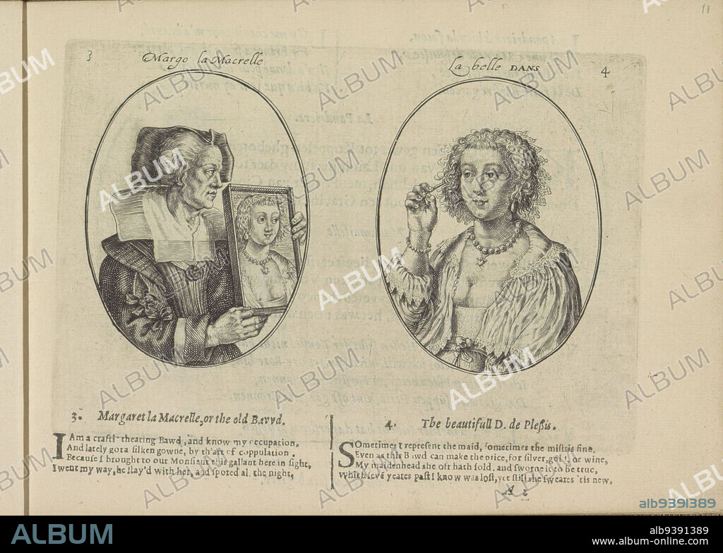 Portraits of the matchmaker Margo Macrelle and the courtesan La Belle Dans, Margo la Macrelle, La Bella Dans (title on object), Miroir des plus belles courtesans de ce temps (series title), Two representations on an album leaf. On the left, the matchmaker Margo Macrelle holding up a mirror for the courtesan on the right, La Bella Dans (or the beautiful D. de Plessis), so she can put on her makeup. Below that, two quatrains in English. The sheet is part of an album., print maker: Crispijn van de Passe (II), Crispijn van de Passe (II), Utrecht, 1635, paper, engraving, letterpress printing, height 107 mm × width 158 mm.