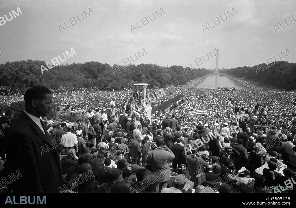 Entitled: "View of the huge crowd from the Lincoln Memorial to the Washington Monument." The March on Washington for Jobs and Freedom was one of the largest political rallies for human rights in United States history and called for civil and economic rights for African-Americans. On Wednesday, August 28, 1963. Martin Luther King, Jr., standing in front of the Lincoln Memorial, delivered his historic "I Have a Dream" speech in which he called for an end to racism. The march was organized by a group of civil rights, labor, and religious organizations, under the theme "jobs, and freedom". Estimates of the number of participants varied from 200,000 to 300,000; it is widely accepted that approximately 250,000 people participated in the march. Observers estimated that 75-80% of the marchers were black. The march is credited with helping to pass the Civil Rights Act (1964) and preceded the Selma Voting Rights Movement which led to the passage of the Voting Rights Act (1965). Photographed by Warren K. Leffler, 1963.