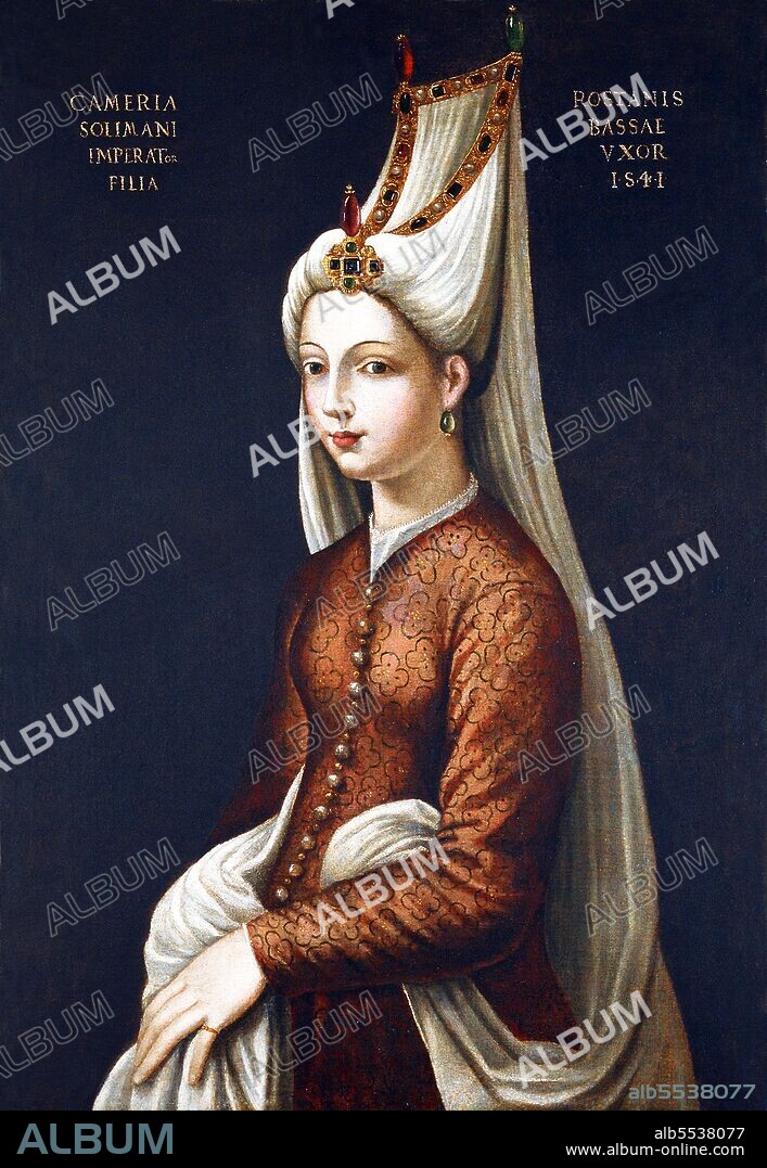 The daughter of Sultan Süleyman the Magnificent (CPA0001204, CPA0002354, CPA0014625) and Hürrem Sultana Roxelana (CPA0000828 , CPA0000836, CPA0000842), Mihrimah Sulta was married to the Governor of Diyarbakir, Rüstem Pasha, in 1539. She had two children, Ayse Hümasah and Osman with Rüstem Pasha, who served as grand vizier in 1544-1553 and 1555-1561. A rather influential figure at the Harem during the reigns of her father Sultan Süleyman the Magnificent and her brother Sultan Selim II, Mihrimah Sultan commissioned Mimar Sinan to build mosque complexes in her name both in Üsküdar (the Iskele or Mihrimah Mosque) and Edirnekapi (the Mihrimah Sultan Mosque). The attire and headdress repeated in other examples of the portrait reflect the Turkish fashion of the period. During the 16th century, in which the Ottoman style became visible in Europe, both Mihrimah Sultan and her mother Hürrem Sultan represented the idealized Ottoman female figure.