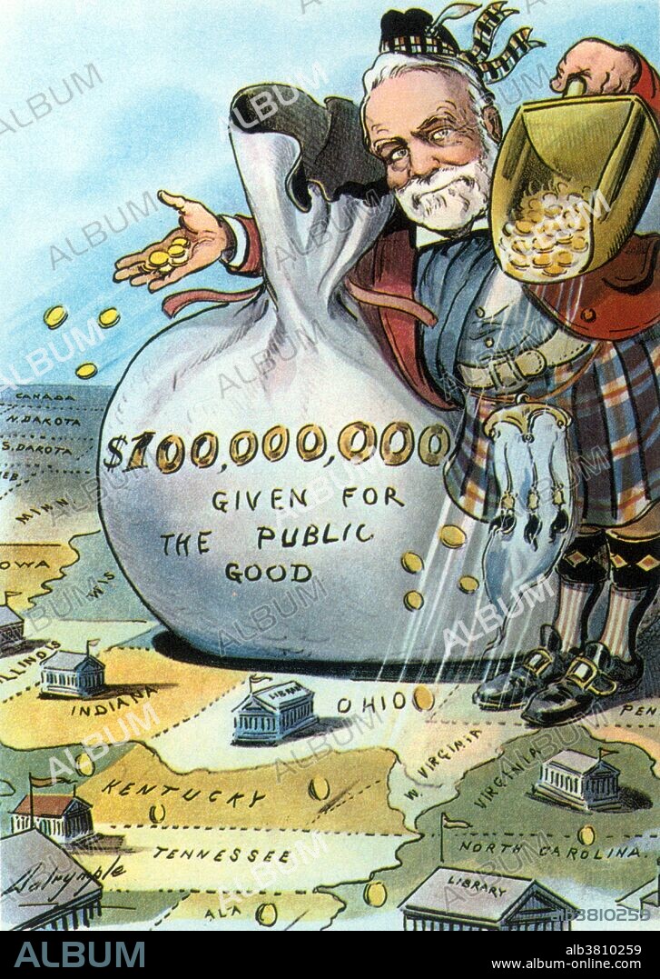 Entitled: "In later years Andrew Carnegie shown scattering money in this 1903 cartoon from Judge." Andrew Carnegie (November 25, 1835 - August 11, 1919) was a Scottish-American industrialist and one of the highest profile philanthropists of his era and had given away almost 90 percent of his fortune to charities and foundations by the time of his death. His 1889 article proclaiming "The Gospel of Wealth" called on the rich to use their wealth to improve society, and stimulated a wave of philanthropy. He emigrated to America with his very poor parents in 1848. Carnegie started as a telegrapher and by the 1860s had investments in railroads, railroad sleeping cars, bridges and oil derricks. He accumulated further wealth as a bond salesman raising money for American enterprise in Europe. He built Pittsburgh's Carnegie Steel Company, which he sold to J.P. Morgan in 1901 for $480 million (in 2014, $13.6 billion), creating the U.S. Steel Corporation. His life has often been referred to as a true "rags to riches" story. He died in 1919, at the age of 83, of bronchial pneumonia.