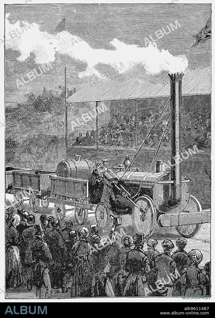 Stephenson's 'Rocket' winning the Rainhill Trials, 14 October 1829 (1898). George Stephenson's (1781-1848) locomotive 'Rocket' winning the competition held at Rainhill , Merseyside, to determine the engine to be used on the Liverpool and Manchester Railway.