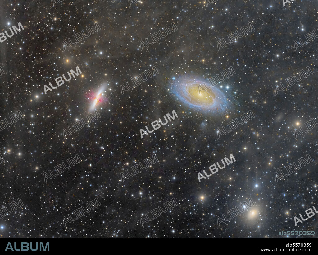 Messier 82, the Cigar Galaxy (left), and Messier 81, Bode's Galaxy (right).
