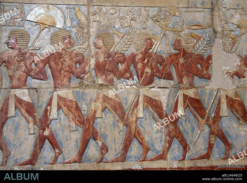 Egyptian soldiers in the expedition to the Land of Punt. Temple of Hatshepsut.  C. 1490 b.C.18th Dynasty. New Kingdom.  Deir el-Bahari. Egypt.