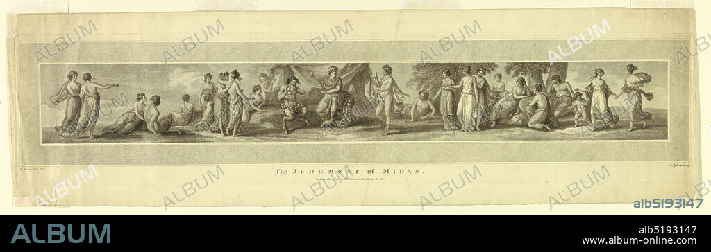 The Judgment of Midas, John Ogborn, 1725 - after 1801, William Hamilton, British, 1751 - 1801, Stipple engraving on paper, Midas sits in the center upon a throne and judges the musical abilities of Apollo and Marsyas. Nymphs witness the scene., England, 1801, Print, Print.