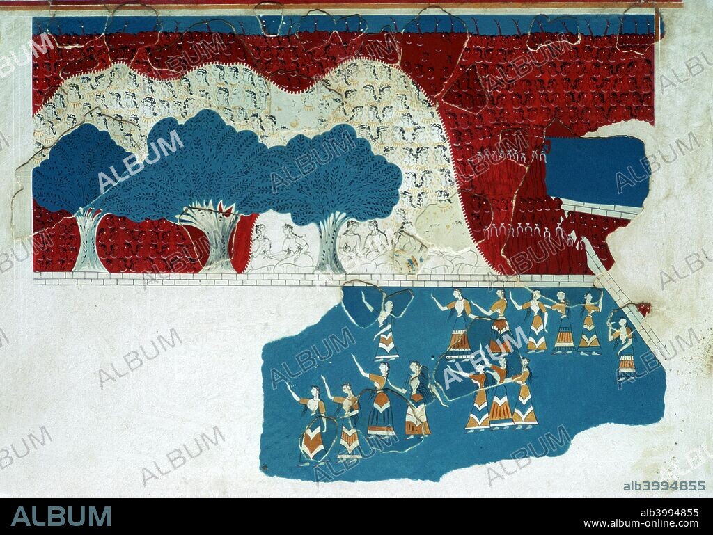 Fresco of the royal court of the Minoan palace at Knossos, watching a performance at the palace, 18th century BC.