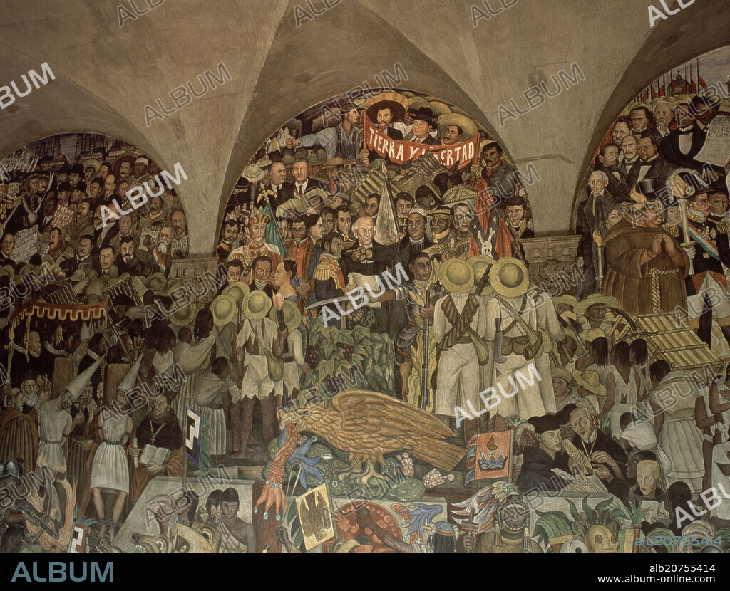 DIEGO RIVERA. ESCALERA - PINTURAS MURALES - HISTORIA DE MEXICO - FRESCO - SIGLO XX - FOTO AÑOS 90.