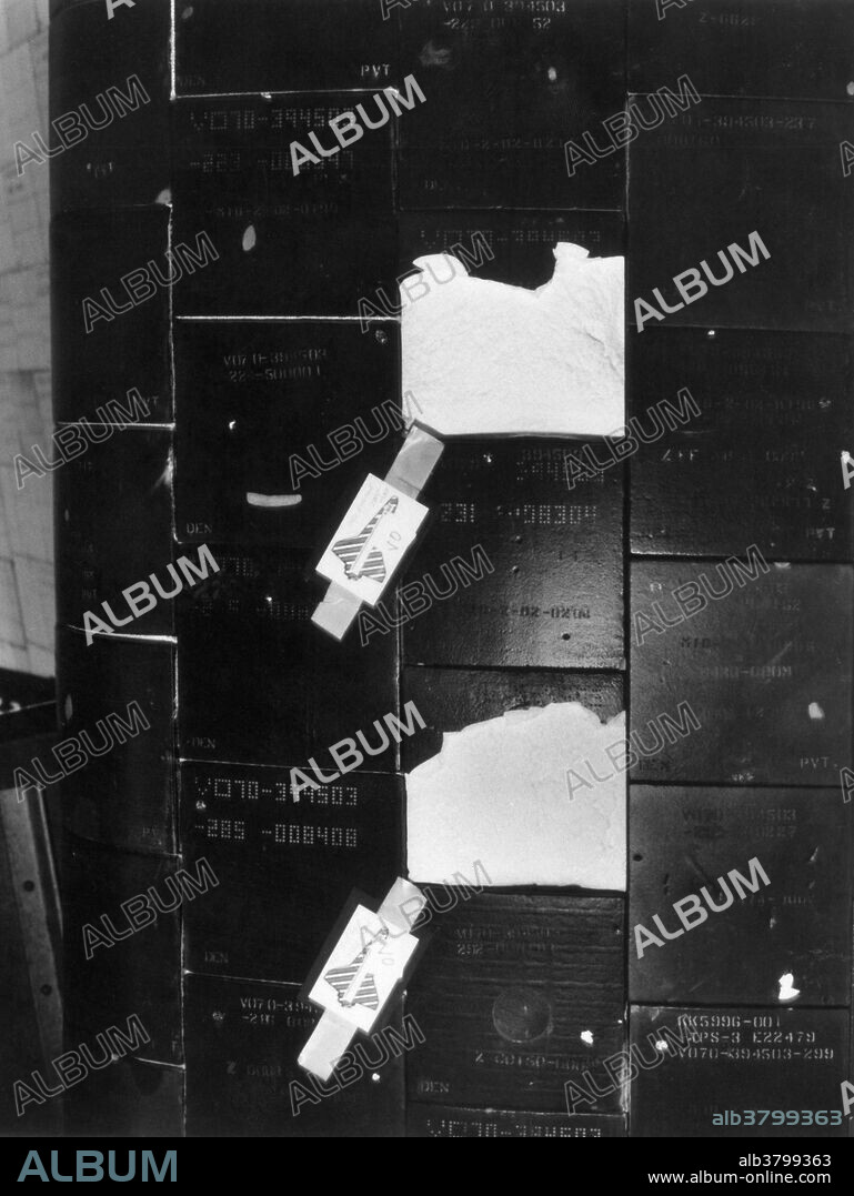A close view of damaged tiles on the strake or leading edge of the orbiter Columbia's wing. Less than a dozen tiles were damaged in this way. The tiles did not fall off. A portion of their surface is missing. The STS-2 orbiter returned from this second flight in better condition than from its first mission. Dryden Flight Research Center, Edwards Airforce Base, California, November, 1981.