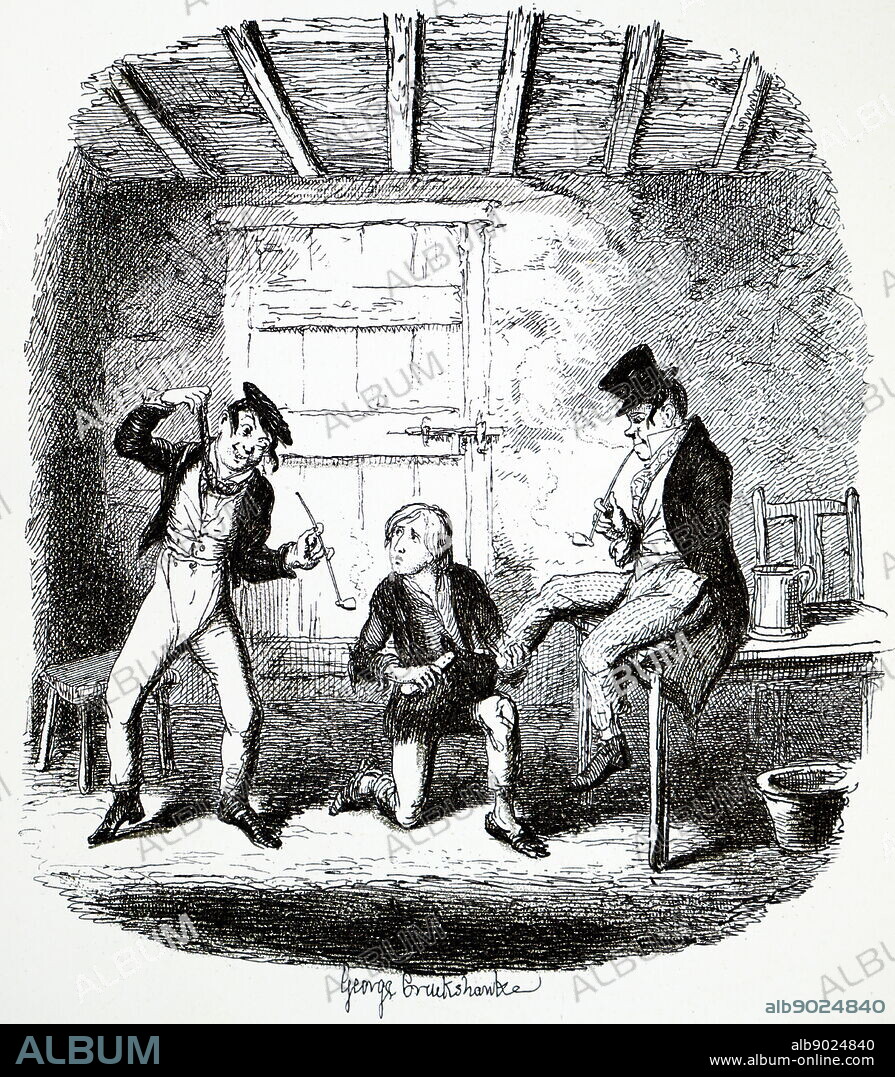 Illustration depicting the character Oliver Twist: Oliver polishes Bill Sykes's boots, while Charley Bates lectures him on their 'profession'. Illustrated George Cruikshank (1792-1878) a British caricaturist and book illustrator. Dated 19th century.