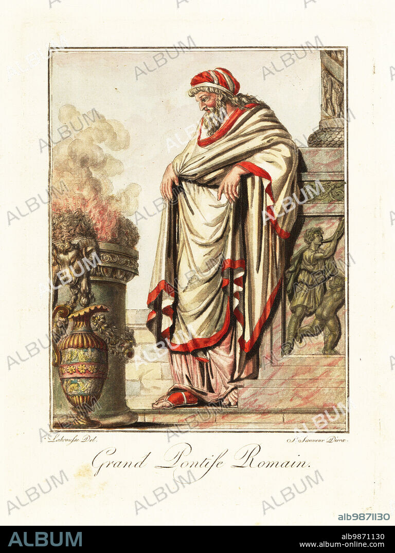 Ponitifex maximus or chief high priest of the College of Pontiffs, Rome. In crimson-edged toga praetexta in front of burnt offerings on a sacrificial altar in a temple. Grand Pontife Romain. Handcoloured copperplate drawn and engraved by L. Labrousse, artist of Bordeaux, under the direction of Jacques Grasset de Saint-Sauveur from his Lantique Rome, ou description historique et pittoresque, Ancient Rome, or historical and picturesque description, Chez Deroy, Paris, 1796.