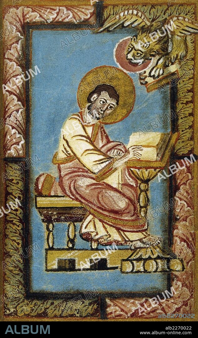 SAN MARCOS EVANGELISTA. Miniatura del siglo XI donde se representa a SAN MARCOS ESCRIBIENDO EL SEGUNDO EVANGELIO, ACOMPAÑADO DEL LEON ALADO, su símbolo de tetramorfo. Castillo de Chantilly. Francia.