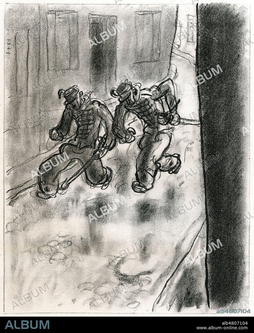 Le brigadier La Guillaumette et Croquebol S'enfuyant de la maison close. Illustration de 1931 par Gus BOFA (1883-1968) pour Le Train de 8 heures 47 de COURTELINE (1858-1929). ADAGP. Credit : Collection Jonas/Kharbine-Tapabor.