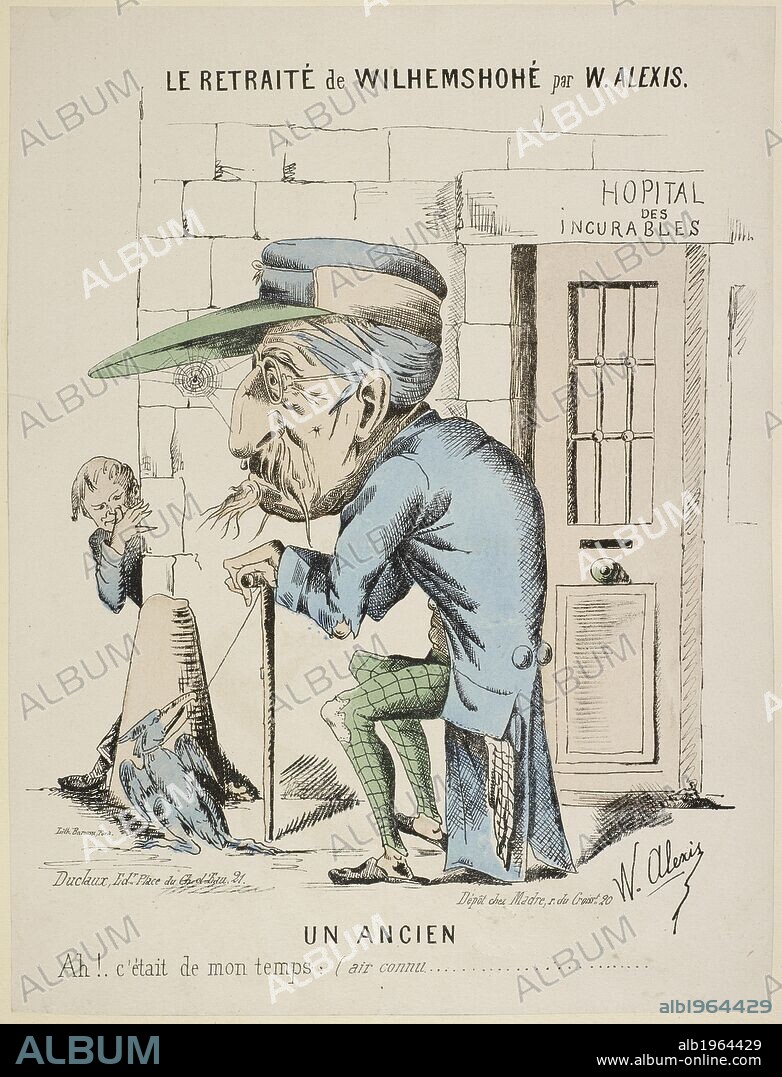French caricature - "Le retraite de Wilhemshohe par W. Alexis". An old man. Un Ancien. . Collection de Caricatures et de charges pour servir aÌ€ lâ€™histoire de la guerre et de la ReÌvolution de 1870-1871. Paris 1870-1871. Collection de Caricatures et de charges pour servir aÌ€ lâ€™histoire de la guerre et de la ReÌvolution de 1870-1871. Source: 14001.g.41 vol.1 45. Language: French.