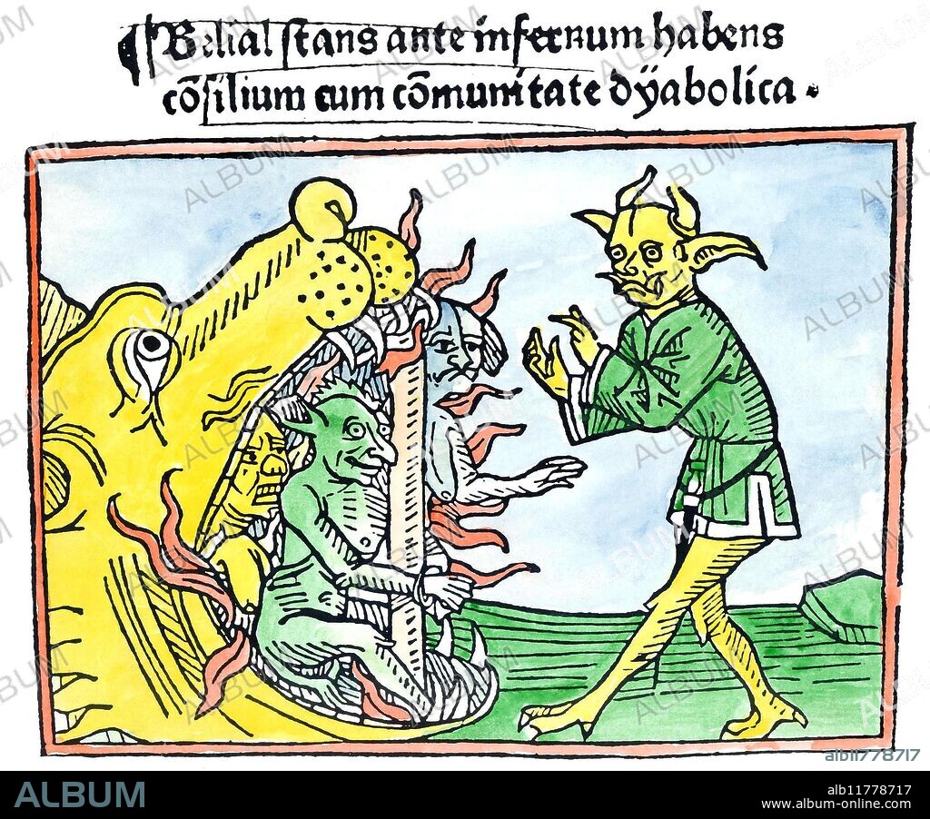 DEMONS - BELIAL - HELL. The demon Belial consulting with his brother-demons, at the Gate of Hell. From Jacobus de Teramo, Das Buch Belial, 1473. The other woodcuts in this work make it clear that Belial is one of the demons from the Solomonic tradition - indeed, some cuts show Belial and other demons gathered before Solomon, as though he were there appointed ruler. In one image, Belial dances before Solomon, as though in homage.