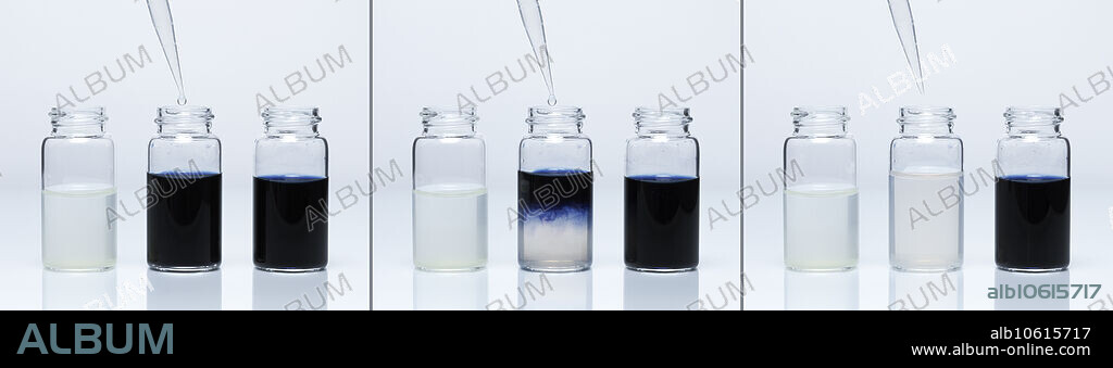 Iodine reduction by tin. Tin(II) sulfate (SnSO4) solution has pale yellow color (left vial). Iodine (I2) dissolved in water with added potassium iodide (KI) and polyvinyl alcohol has deep blue color (right vial). When tin(II) sulfate solution is added drop by drop to the iodine solution (middle vial), it becomes colorless, as I2 is reduced to I- and Sn2+ is oxidized to Sn4+: Sn2+ + I2 -> Sn4+ + I-.