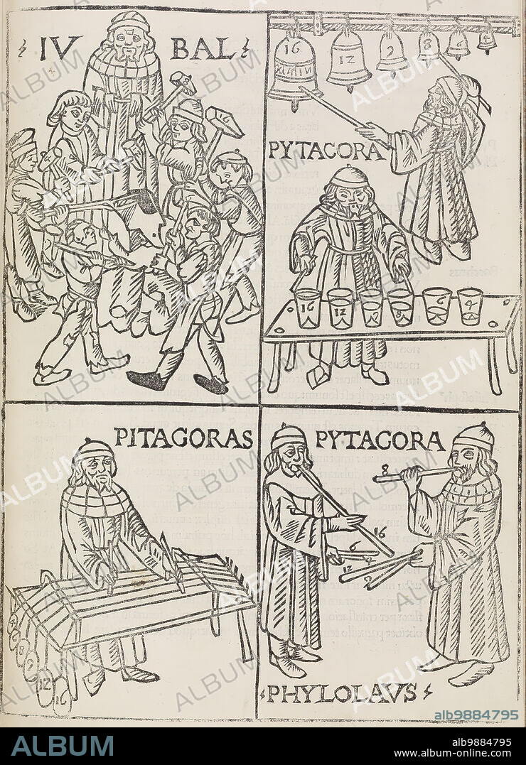 Musical theories of Pythagoras, 1492. Men playing musical instruments and making sounds. At top left, an anvil is struck with hammers. Top right: Pythagoras playing the musical scale on bells and on water-glasses. He has made a sort of xylophone using glasses filled with ever smaller amounts of water. Bottom left: Pythagoras' discovery of the dependence of the musical intervals on certain arithemtical ratios of lengths of strings at the same tension. Bottom right: Pythagoras and Philolaus experimenting with musical pipes. Illustration from "Theorica musicae" (Theory of music) by Franchino Gaffurio.