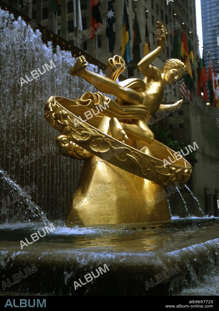ASTROLOGY. Bronze sculpture of statue of Prometheus by Paul Manship, in Lowser Plaza of the Rockefeller Building, New York. Zodiacal signs and sigils are picked out in relief.
