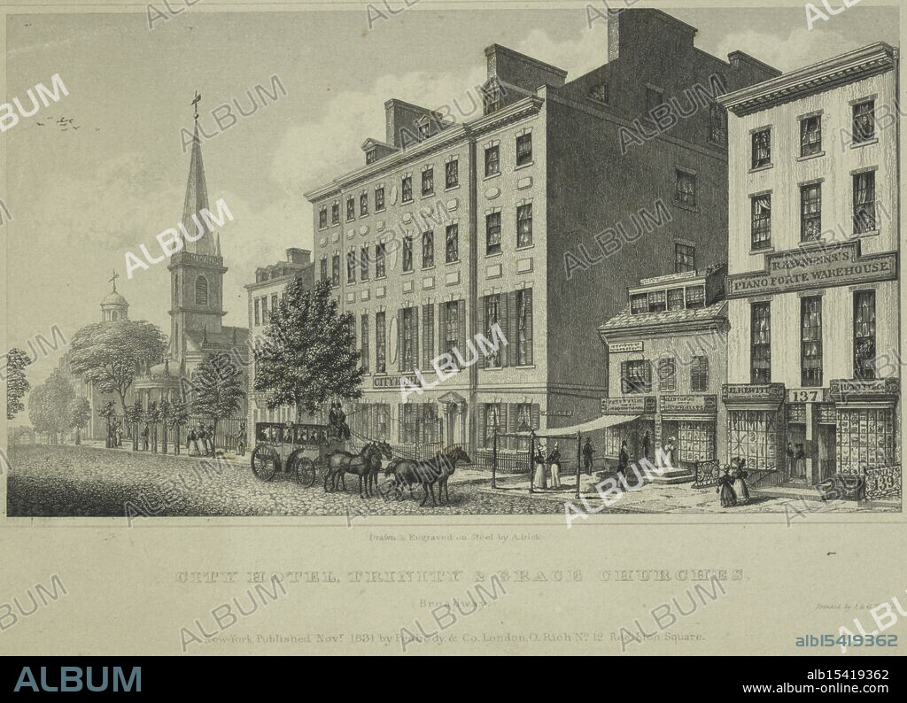 City Hotel, Trinity & Grace Churches. Broadway. New-York, 1831, Peabody & Co., Broadway. New-York, Date Issued: 1831, Trinity Church (New York, N.Y.), 1800-1899, Grace Church (New York, N.Y.), 1830-1839, City Hotel (New York, N.Y.), 1830-1839, Extent: 1 print: line engraving, 12.2 x 17.5 cm., Urban bells resound, Church steeples pierce city sky, History's whispers.